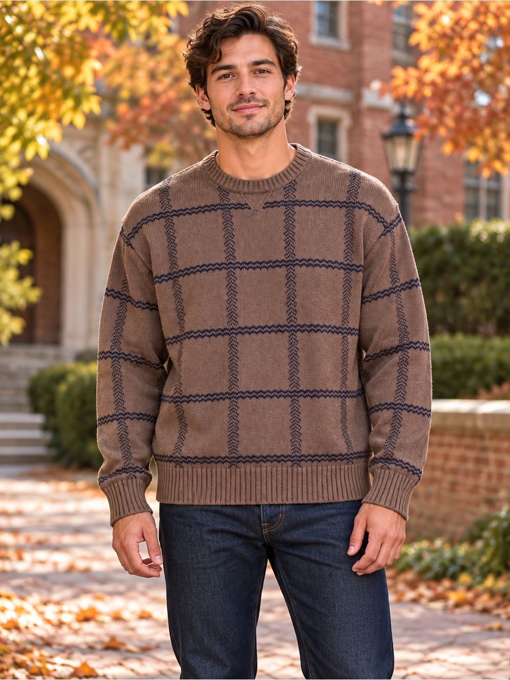Izod Men's Brown Crewneck Sweater with Navy Windowpane 363CL